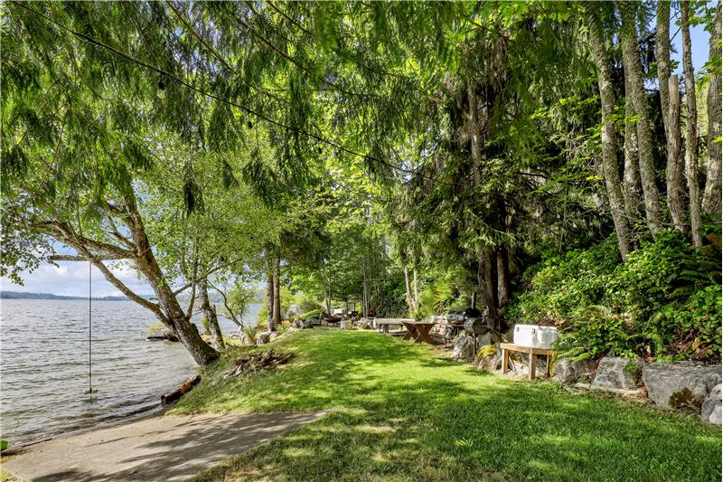 Looking down the beach. Boat launch to the left along with a tree swing over the water