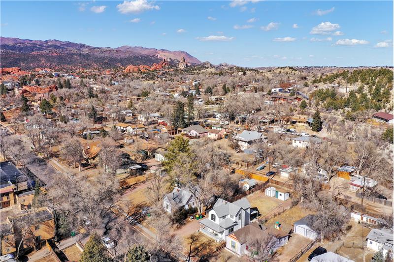 Aerial view of the home and neighborhood