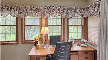 View of apple trees in the backyard from the office