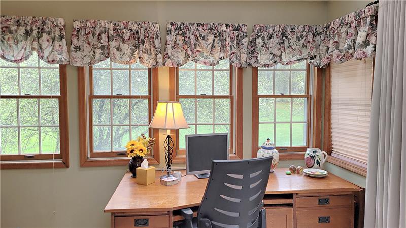 View of apple trees in the backyard from the office