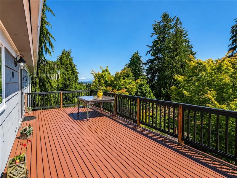 Enormous back deck and it's small in the photo but that's Mt Baker in the background just to the left of the yellow vase.