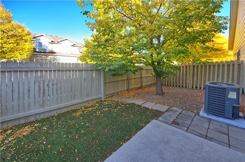 Fenced private backyard with a mature tree