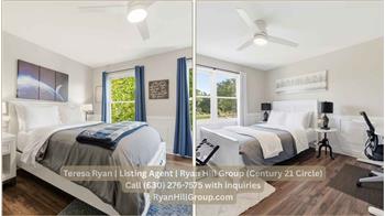 Two additional bedrooms measure 14 by 14 feet and 14 by 13 feet. Each includes a ceiling fan, wainscoting, and engineered wood f