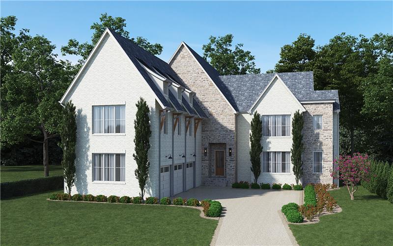 Painted  rick with stone accents lend interest to this handsome facade