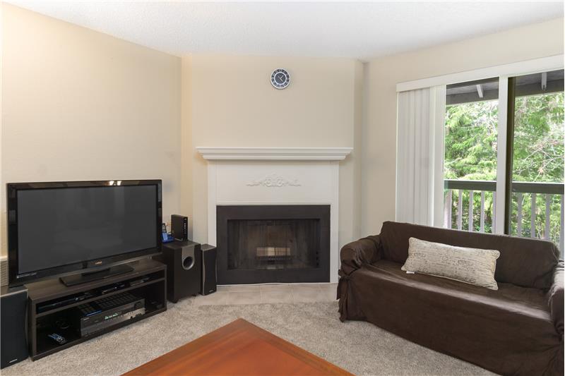 The living area features a wood fire place and plenty of natural light.