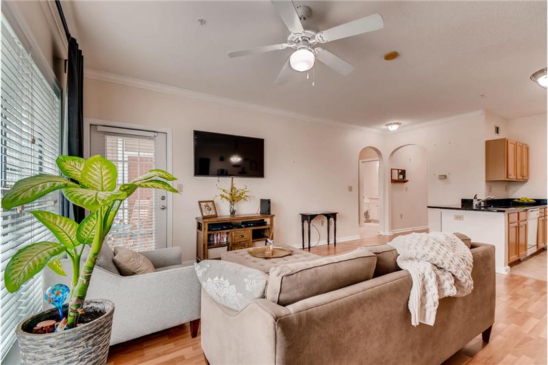 View towards the kitchen and entrance. Check out the door to your covered balcony.