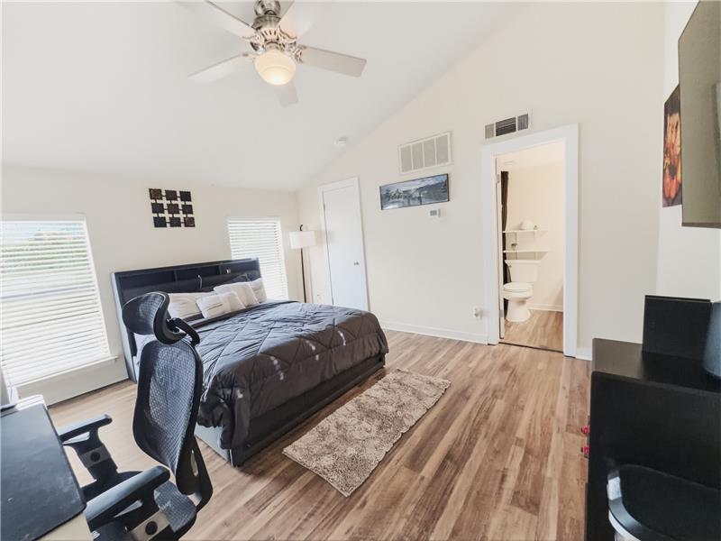 Primary bedroom with walk in closet, vaulted ceilings.
