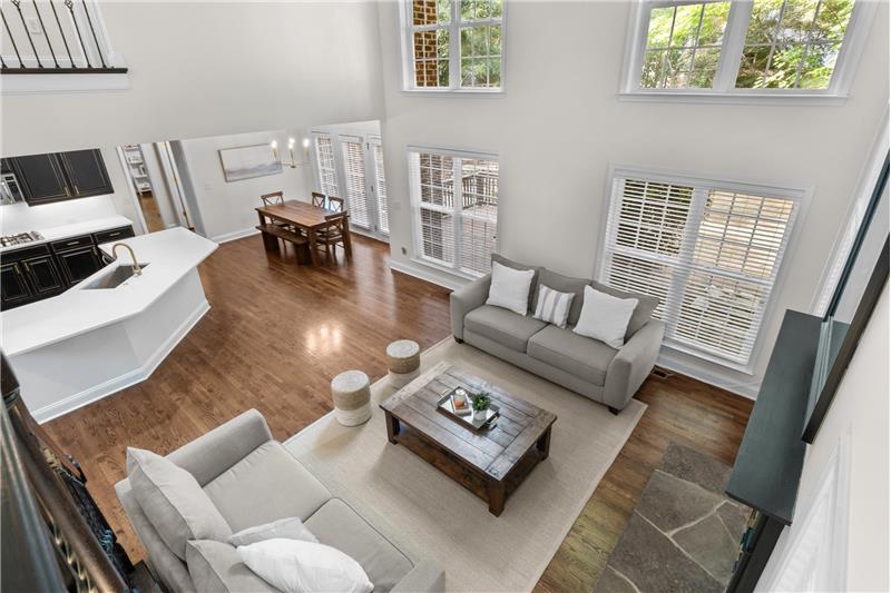 View of great room, kitchen, breakfast area from second floor landing