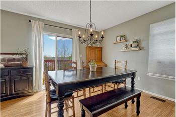 The Dining Room offers an attractive light fixture and sliding door out to the backyard deck.