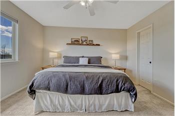 Upper Level Primary Bedroom with neutral carpet and walk in closet.