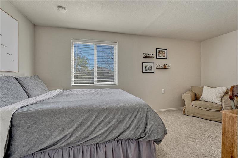 Spacious Lower Level Bedroom with neutral carpet and sitting area.