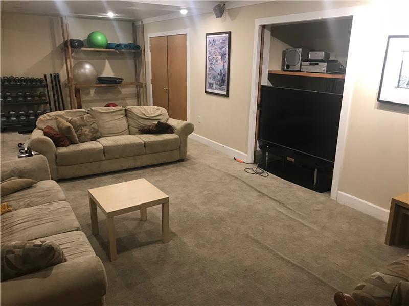 TV room in basement of Common House, open to fitness center