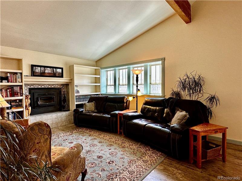 Wood-burning fireplace in living room