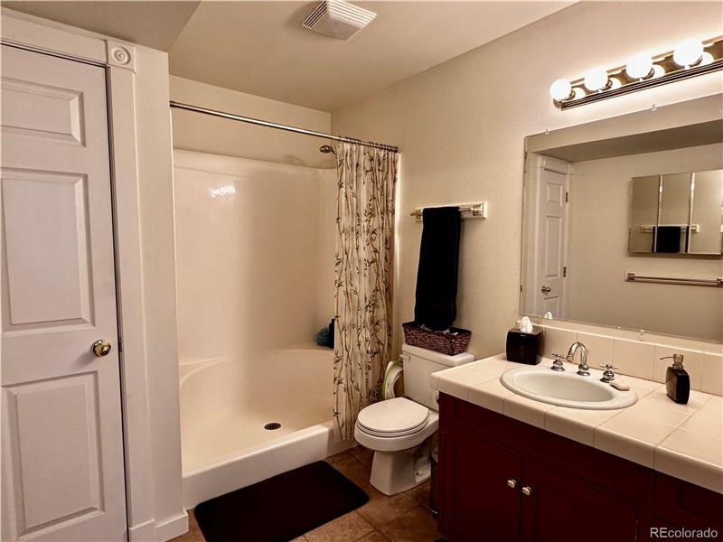 Lower level bathroom; linen closet at left