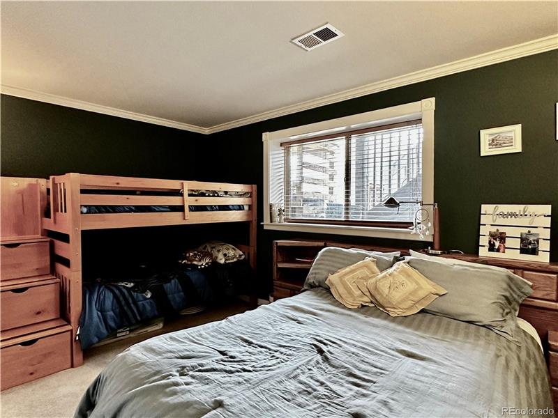 Lower level bedroom with wide window to dog run