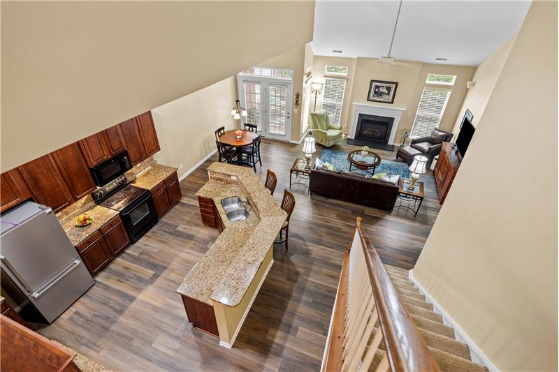 View of kitchen and great room from second floor