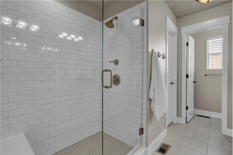 Master Bathroom with Subway Tiled Shower & Bluetooth Speaker Rain Showerhead