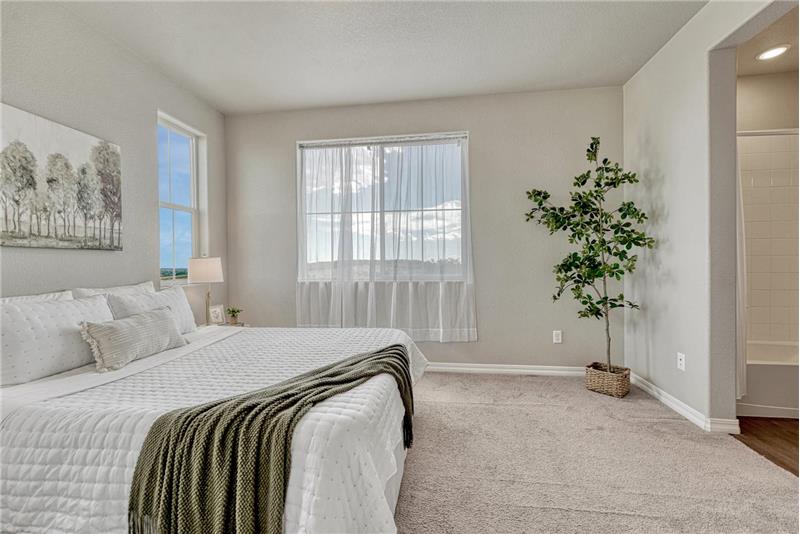 The upper level Primary Bedroom features neutral carpet, an adjoining bathroom, and walk in closet.