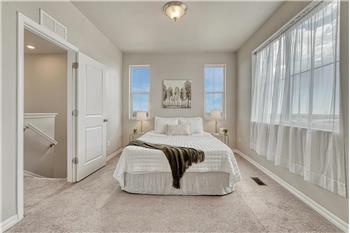 Upper level Primary Bedroom with wall of windows, neutral carpet, adjoining bathroom and walk in closet.