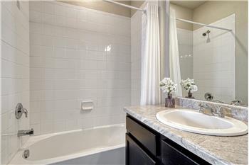 Primary Bathroom with vanity, mirror, and tiled tub/shower.