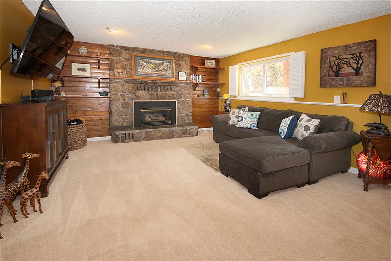 Lower level family room with gas fireplace and blower