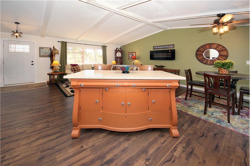 View of great room and kitchen island buffet