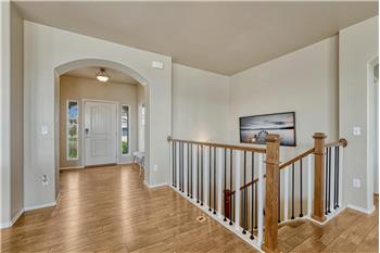 Interior front foyer with gleaming LVP flooring and wood and iron rails to the finished basement.