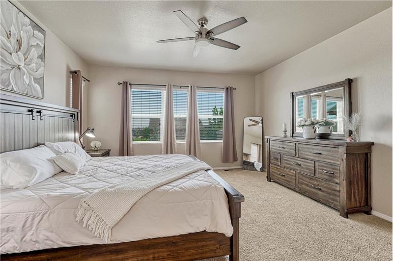 The Primary Bedroom includes neutral carpet, a lighted ceiling fan, and a wall of windows with drapes and rods that stay.