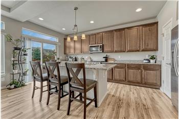 The Island Kitchen offers a breakfast bar with pendant lights and slider to the backyard.