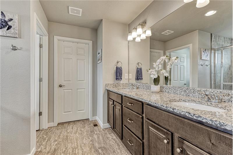 The Ensuite Bathroom features an extended dual-sink vanity, mirror, & an enclosed tiled shower.
