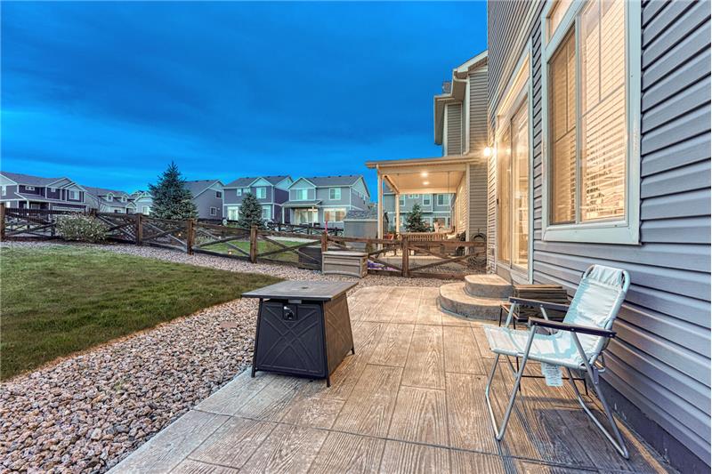 Sunset view of backyard from the composite patio.
