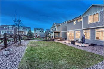 Sunset view of backyard grass area surrounded by xeriscaped beds.