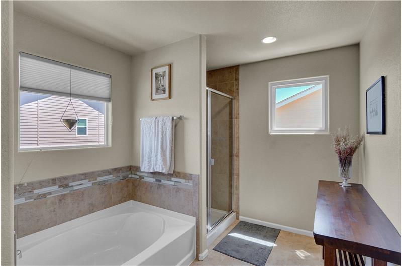 Upper level soaking tub and separate shower