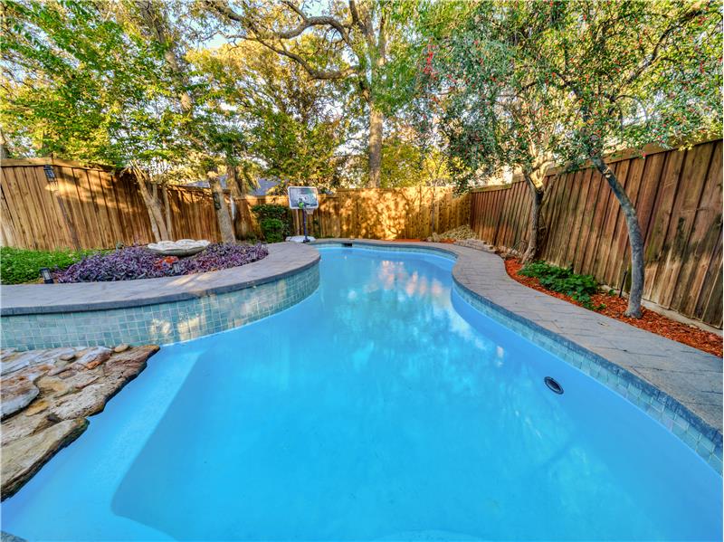 Shaded backyard, with a pool and a pool cover to protect from leaves