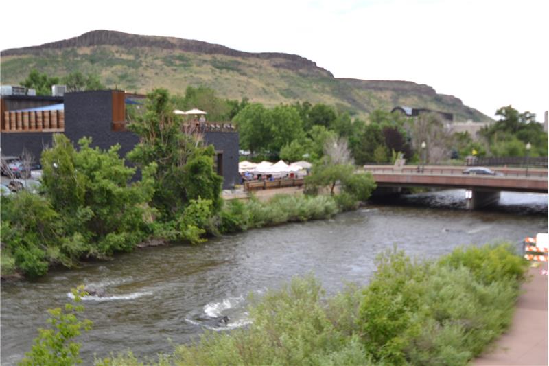 View of Clear Creek showing Ford Street bridge and North Table Mountain