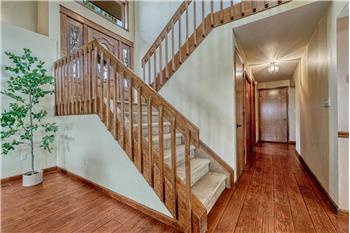 Curved stair case to the upper and main levels of the home.