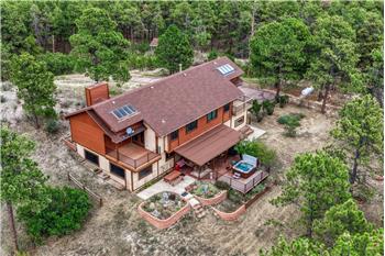 Aerial rear view of home, yard, and surrounding treed lot.