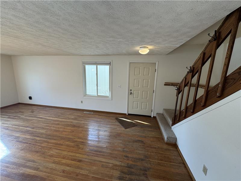 View of living room and front door from kitchen.