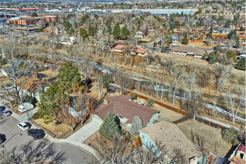 Aerial view of the front of the home.