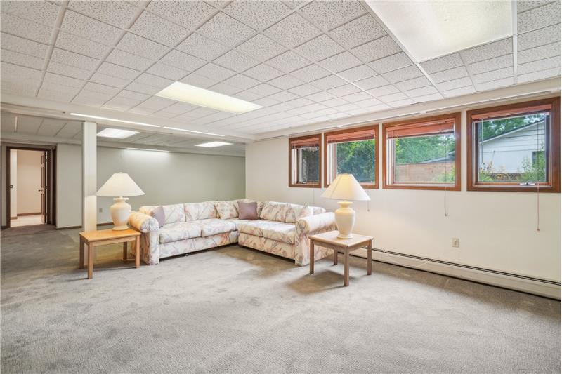 Family room in basement (L-shaped)