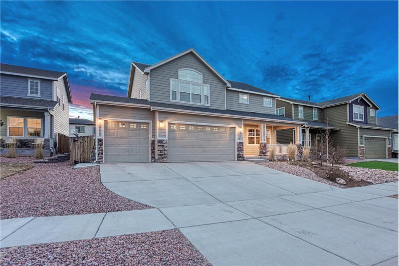 Sunset view of the front of the house.
