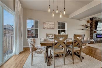 The Dining Area is located off the Kitchen for easy food service and has beautiful hardwood floors and a modern pendant light.