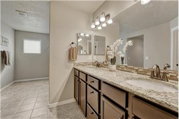 The 5pc Primary Bathroom features a tile floor and raised dual sink vanity and mirror.