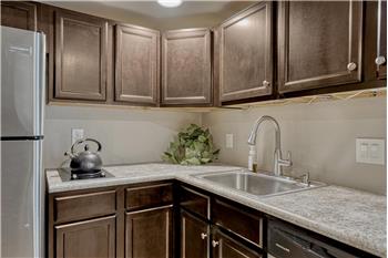 Espresso cabinets with stainless steel sink and lots of counterspace.
