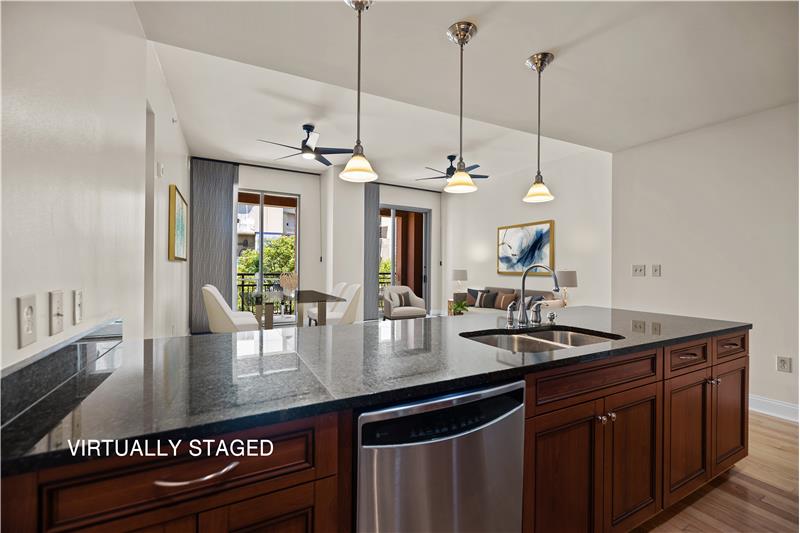 Granite counters, pendant lighting