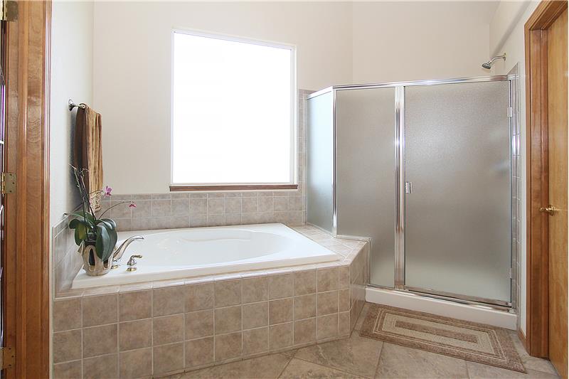 Soaking tub and separate shower in the master bathroom
