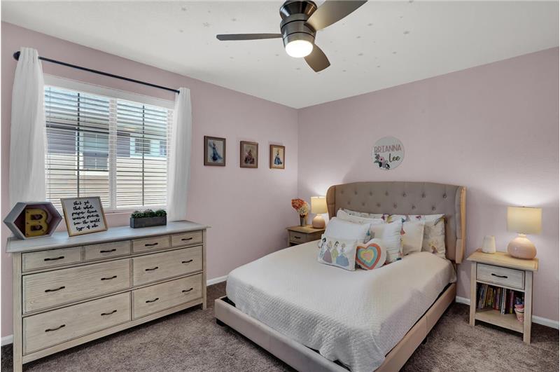 Upper-level Bedroom #3 with lighted ceiling fan and window with blinds