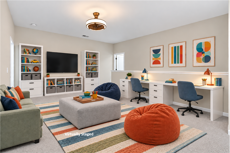 Flexible floor plan: second floor loft virtually staged as a kid's study area/hang-out space.