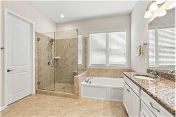 Primary bath features frameless walk-in shower, soaking tub, double sink vanity, generous counter and storage space, private WC.