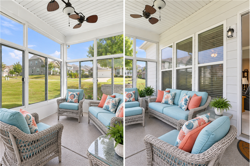 Three-season sunroom/screened porch extends the living space outdoors with plenty of room to relax, entertain and unwind.